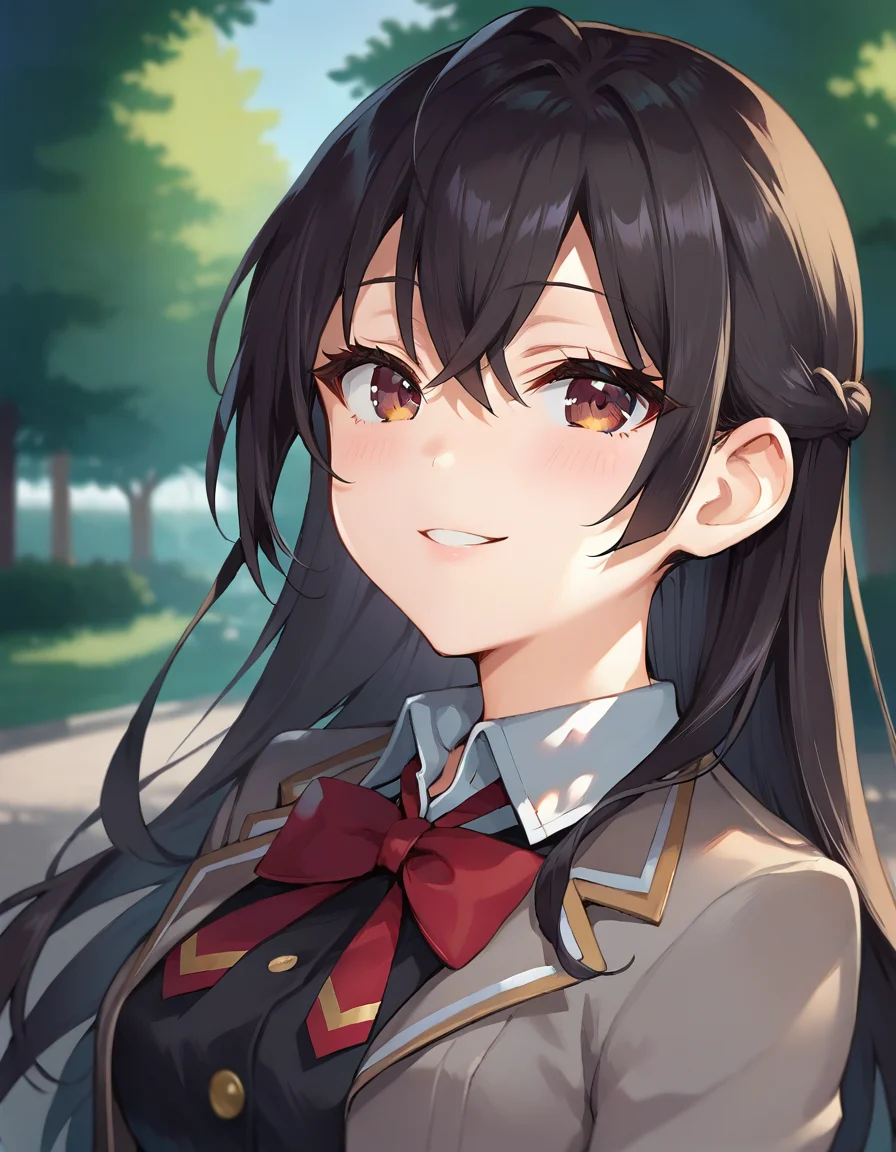 score_9,score_8_up,score_7_up,score_6_up BREAK official art,solo,outdoors,upper body,(portrait:1.5),looking at viewer,facing viewer,happy,Suou Yuki,long hair,black hair,french braid,hair between eyes,parted bangs,brown eyes,school uniform,grey jacket,cropped jacket,open clothes,open jacket,wing collar,red bowtie,black dress,pleated dress,double-breasted,collared shirt,white shirt,medium breasts,skindentation,long sleeves,black socks,loafers,brown footwear,<lora:Suou Yuki(tsrdta)-Pony:1.2>,<lora:Smooth Anime Style LoRA XL:0.8>,