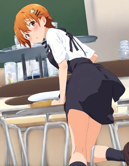 <lora:pony_xl_inami:1>,inami,1girl,best quality,masterpiece,super fine illustration,solo,blush,waitress,apron,black ribbon,black skirt,black socks,looking back,tray,family restaurant,