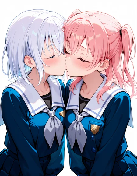 <lora:Morfonica_noobXL:1>, hiromachi nanami, kurata mashiro, white hair, pink hair, two side up, closed eyes, 2girls, tsukinomori school uniform, school uniform, pleated skirt, long sleeves, white sailor collar, serafuku, collarbone, blush, grey neckerchief, white background, kiss, upper body,, very awa, masterpiece, best quality, highres, absurdres, newest,