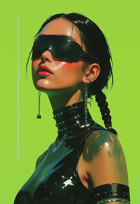 (High Quality, highly detailed, hyper realistic, 8K, masterpiece, Leica M11, 50mm f/1.2 lens, natural bokeh) A high-resolution photograph of an East Asian woman with a futuristic, avant-garde appearance. She has fair skin and long, sleek black hair styled into two wet, glossy braids fastened with small black clips. A matte black cloth eyepatch, symmetrically covering both eyes, contrasts with her vibrant makeup—lime green eyeshadow visible beneath the patch edges, harmonizing with the new fluorescent green background. Her makeup includes subtle contouring and muted rose lip color. She wears a glossy black latex sleeveless top, tightly fitted to her slim frame, adorned with silver studs and dangling chrome chains that shimmer under light. The background is now a vivid fluorescent green, injecting high-energy contrast and amplifying the cyber-futurist tone. Soft, diffused lighting from above and slightly in front enhances shine on the latex and moisture on her braids, creating rich textural dimension. The image evokes a cinematic, high-fashion dystopian aesthetic with a bold color clash that heightens visual impact.