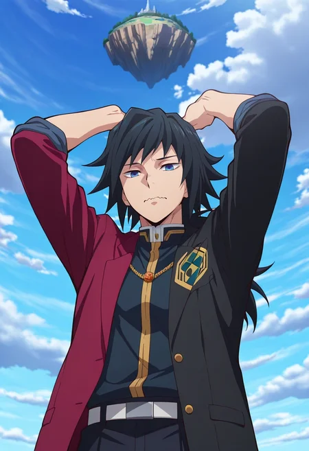 masterpiece, best quality, intricate details, anime screencap, , official style, , 1boy, solo, male focus, <lora:giyuu_tomioka_ilxl:0.92>, giyuu_tomioka, black hair, blue eyes, bangs, long hair, low ponytail, , , from below, floating island, day, clouds, arms up, wavy mouth,