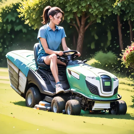 score_9, score_8_up, score_7_up, rilamo (side view) , (slim 25yo female) riding a lawn mower. blue shirt, black hot-pants, sneakers , short brunette ponytail <lora:RideLawnMowerPony:1>