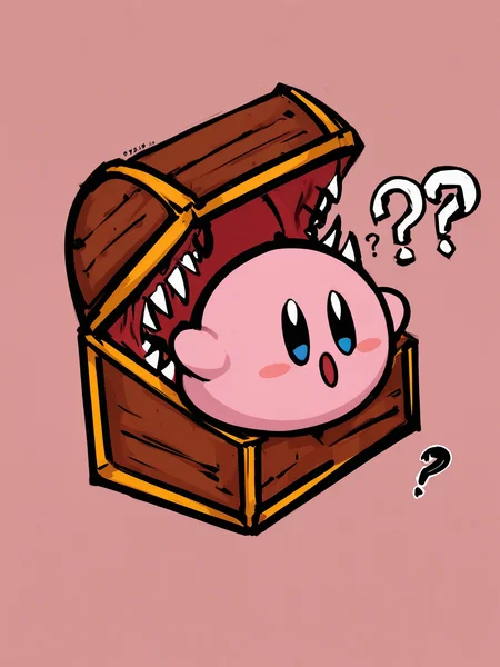 kirby holding up a mimic,  ??? ? ??
 <lora:Mimic_ani3.1_XL:1>