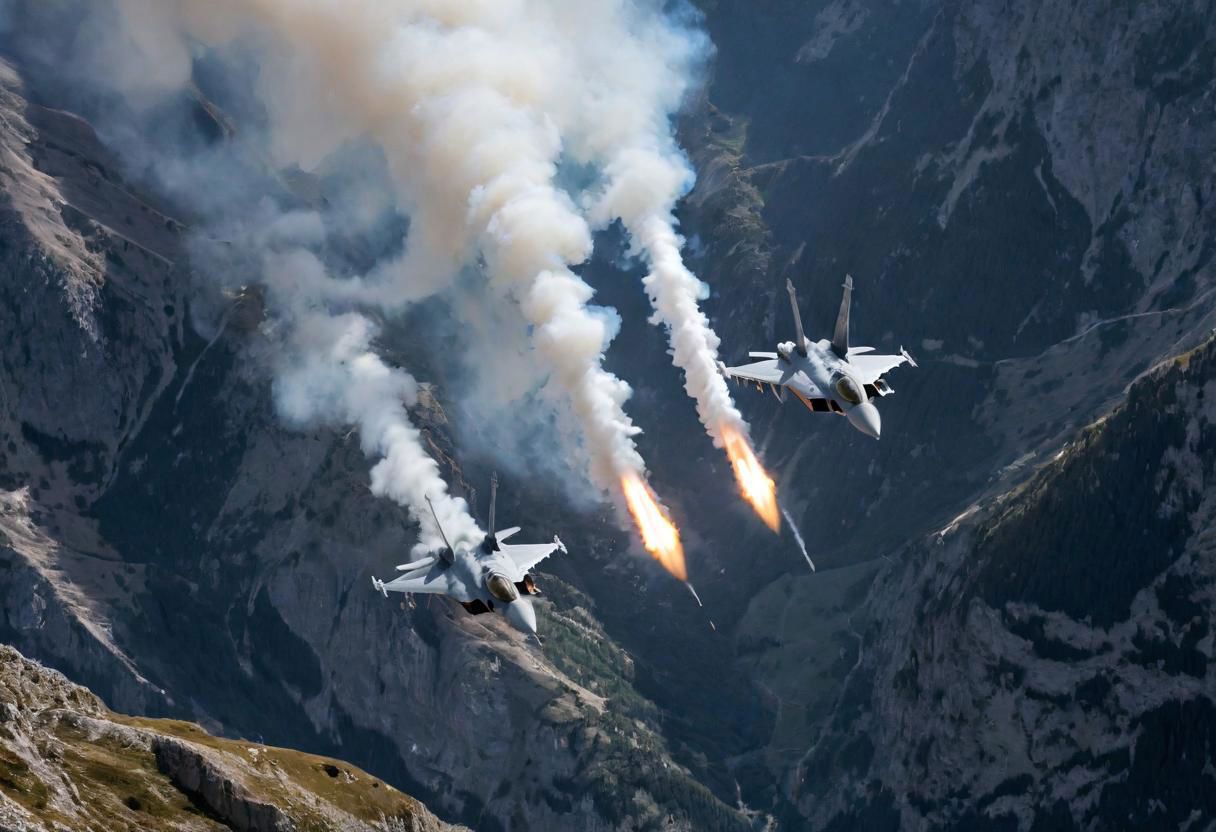(Pilots flying the Euro Fighter jets between  mountains), (displaying the low level flying capabilities of the Euro Fighter jets), hitting amazing speeds as the tilt and wind through the  valleys and canyons, (view from side of euro fighter jets), (launching missiles with a stream of white vapors with flames), (a true display of military might power), (motion scenes), (pain staking attention to fine details of the jets) ,4k, surreal, (epic photography),