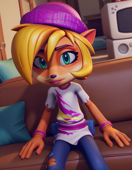 score_9, score_8_up, score_7_up, source_anime, <lora:coco-bandicoot-totally-tubular-ingame4-ponyxl-lora-nochekaiser:1>, coco bandicoot, short hair, blonde hair, green eyes, pointy ears, furry, 3d, shirt, hat, torn clothes, striped shirt, pants, living room, television, couch, popcorn, watching movie, night time, sitting,, , looking at viewer, v, v over eyes,, solo,, cowboy shot, dutch angle,