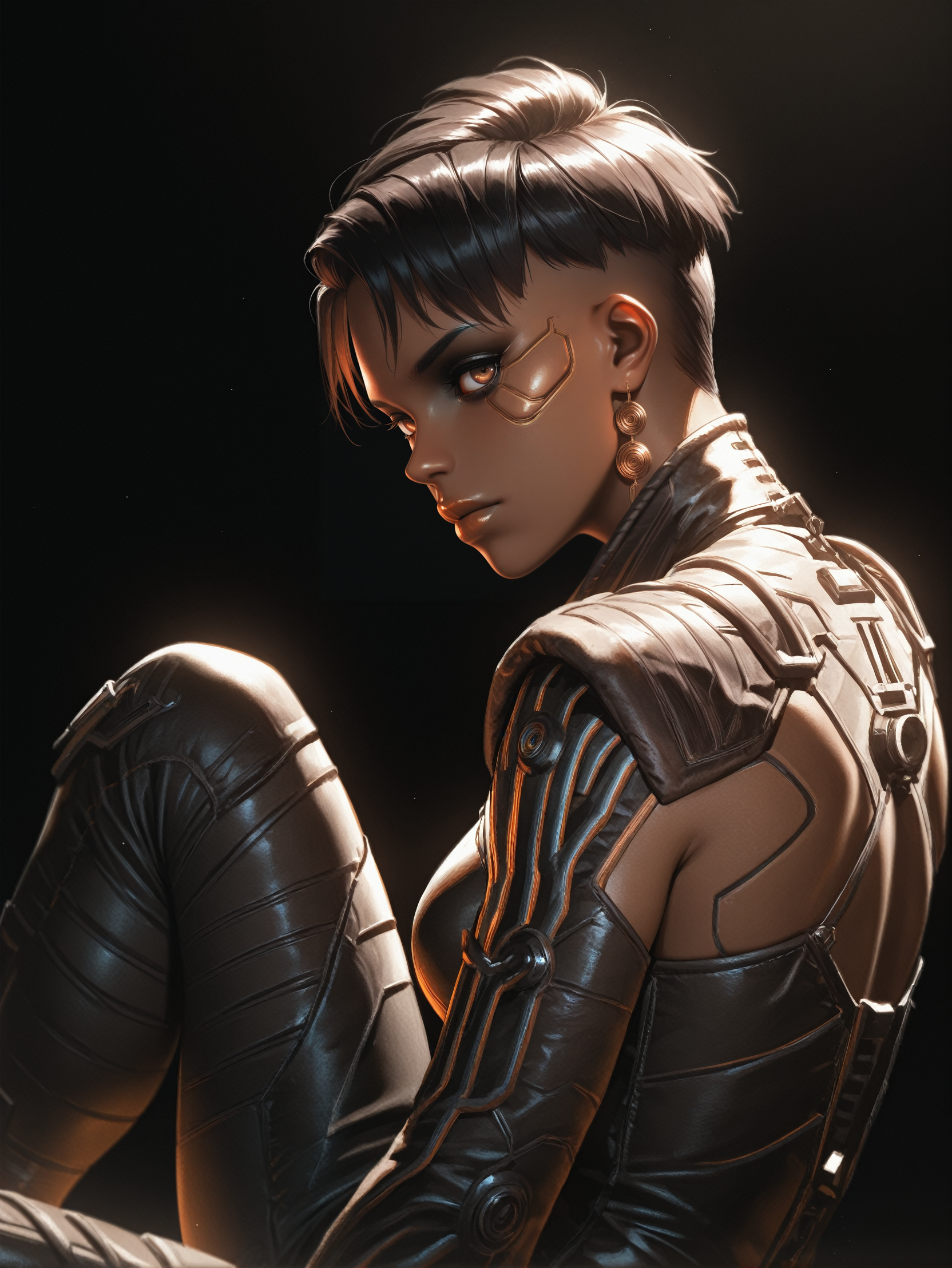 masterpiece, best quality, absurdres,
<lora:ILCyberMamanBrigitte:1.0>
CyberMamanBrigitte, 1girl, dark skin, short hair, black hair, brown eyes, looking at viewer, sitting, knee up, from the side, black background, back lighting