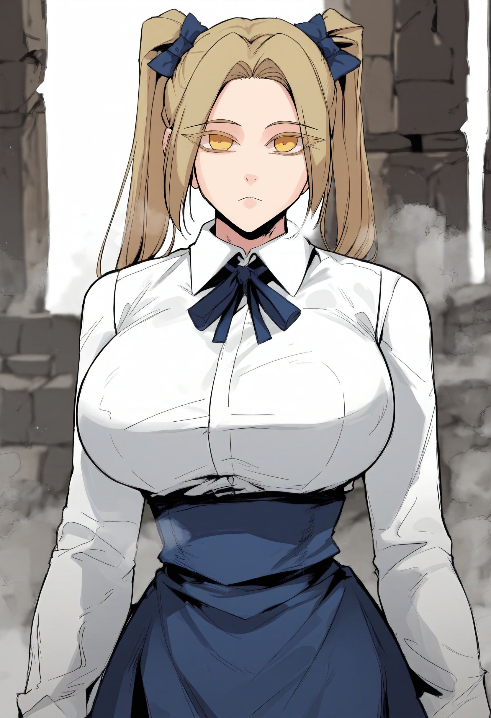 score_9, score_8_up, score_7_up, score_6_up, source_anime, rating_explicit, 1girl, solo, huge breasts, <lora:Rachel Sinclair prefectPonyxl:1>yellow eyes, blonde hair, long hair, twintails, hair bow, blue bow, parted bangs, colored eyelashes, white shirt, collared shirt, blue ribbon, neck ribbon, long sleeves, high-waist skirt, blue skirt, expressionless, Narrow shoulders, heavy breathing, steaming body ruins, indoors, looking at viewer