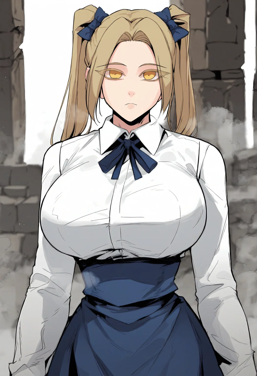 score_9, score_8_up, score_7_up, score_6_up, source_anime, rating_explicit, 1girl, solo, huge breasts, <lora:Rachel Sinclair prefectPonyxl:1>yellow eyes, blonde hair, long hair, twintails, hair bow, blue bow, parted bangs, colored eyelashes, white shirt, collared shirt, blue ribbon, neck ribbon, long sleeves, high-waist skirt, blue skirt, expressionless, Narrow shoulders, heavy breathing, steaming body ruins, indoors, looking at viewer