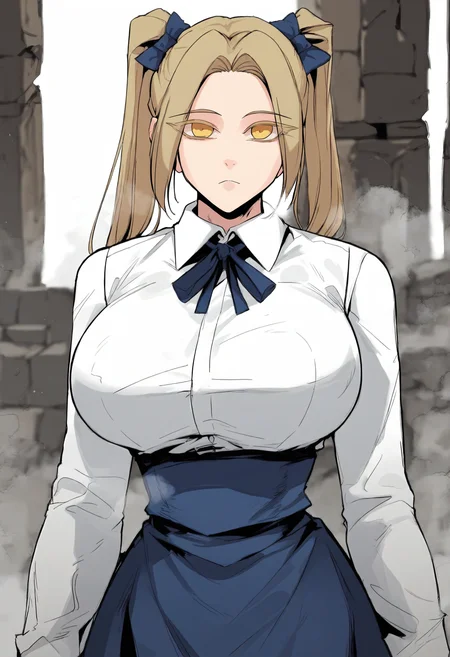 score_9, score_8_up, score_7_up, score_6_up, source_anime, rating_explicit, 1girl, solo, huge breasts, <lora:Rachel Sinclair prefectPonyxl:1>yellow eyes, blonde hair, long hair, twintails, hair bow, blue bow, parted bangs, colored eyelashes, white shirt, collared shirt, blue ribbon, neck ribbon, long sleeves, high-waist skirt, blue skirt, expressionless, Narrow shoulders, heavy breathing, steaming body ruins, indoors, looking at viewer