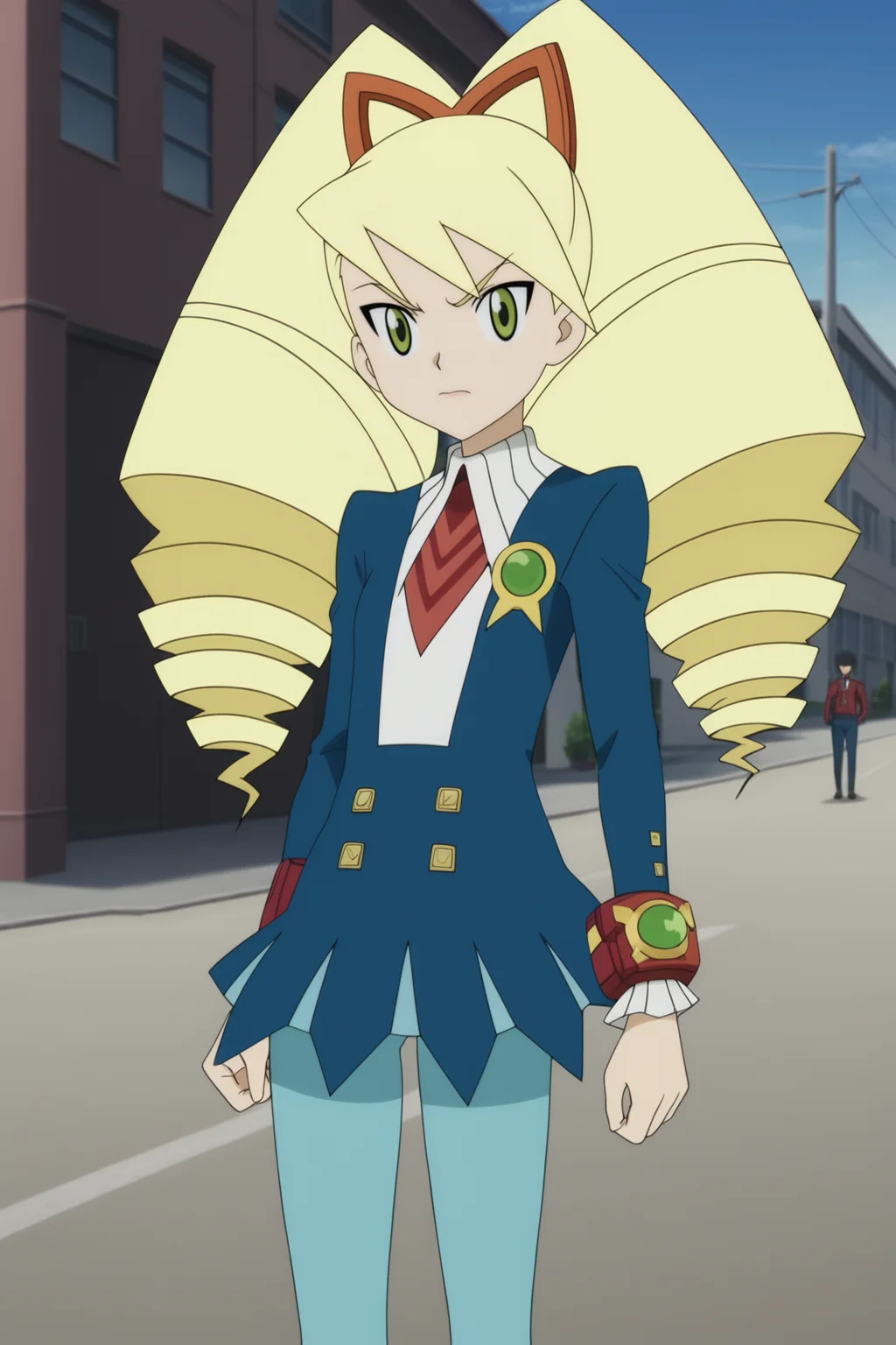 score_9, score_8_up, score_7_up, source anime, prefect lighting, very aesthetic, BREAK, anime coloring, anime screencap,
<lora:luna_platz_mega_man_v1-pony6:1>,1girl, luna platz \(mega man\), mega man star force \(series\), green eyes, blonde hair, twin drills,
echo ridge school uniform, dress, blue pantyhose,
BREAK, looking at viewer, jump, frustrated,
BREAK,