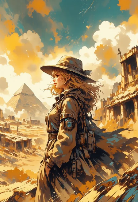 Mh1$AgThS2, intricate linework with expressive contrasts, soft lighting with dynamic highlights, image of a dusty desert with a 1930s female explorer, blonde hair, safari hat and jacket, standing looking up at an Egyptian pyramid, silhouetted at sunset, sparse clouds, In the style of ff-td