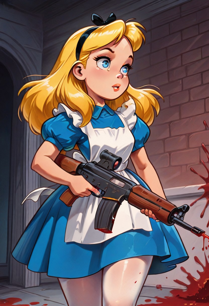 masterpiece, best quality, newest, absurdres, highres, AliceWaifu, blonde hair, blue eyes, white apron, blue dress, puffy sleeves, white pantyhose, hairband, blood splatter, weapon, rifle, assault rifle, holding, holding rifle, VintageComix, vintage, retro aesthetic, comic art