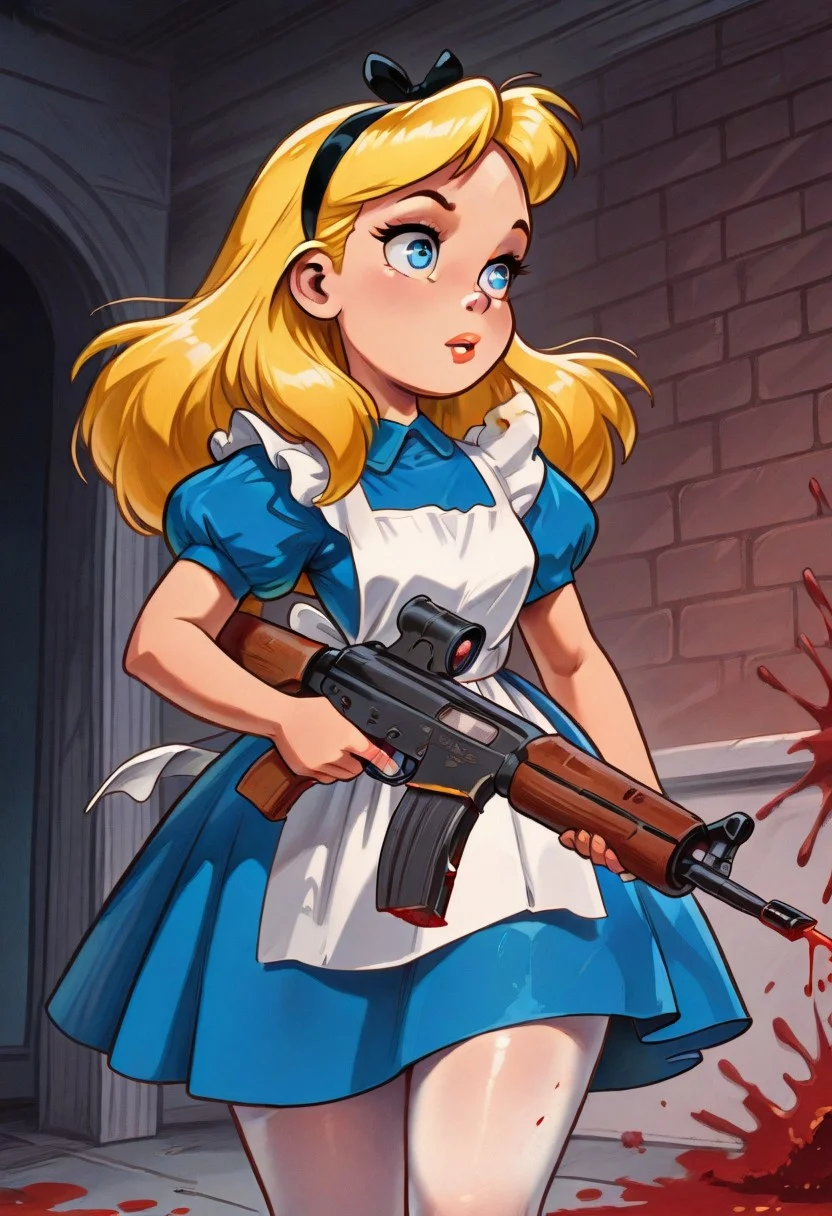 masterpiece, best quality, newest, absurdres, highres, AliceWaifu, blonde hair, blue eyes, white apron, blue dress, puffy sleeves, white pantyhose, hairband, blood splatter, weapon, rifle, assault rifle, holding, holding rifle, VintageComix, vintage, retro aesthetic, comic art