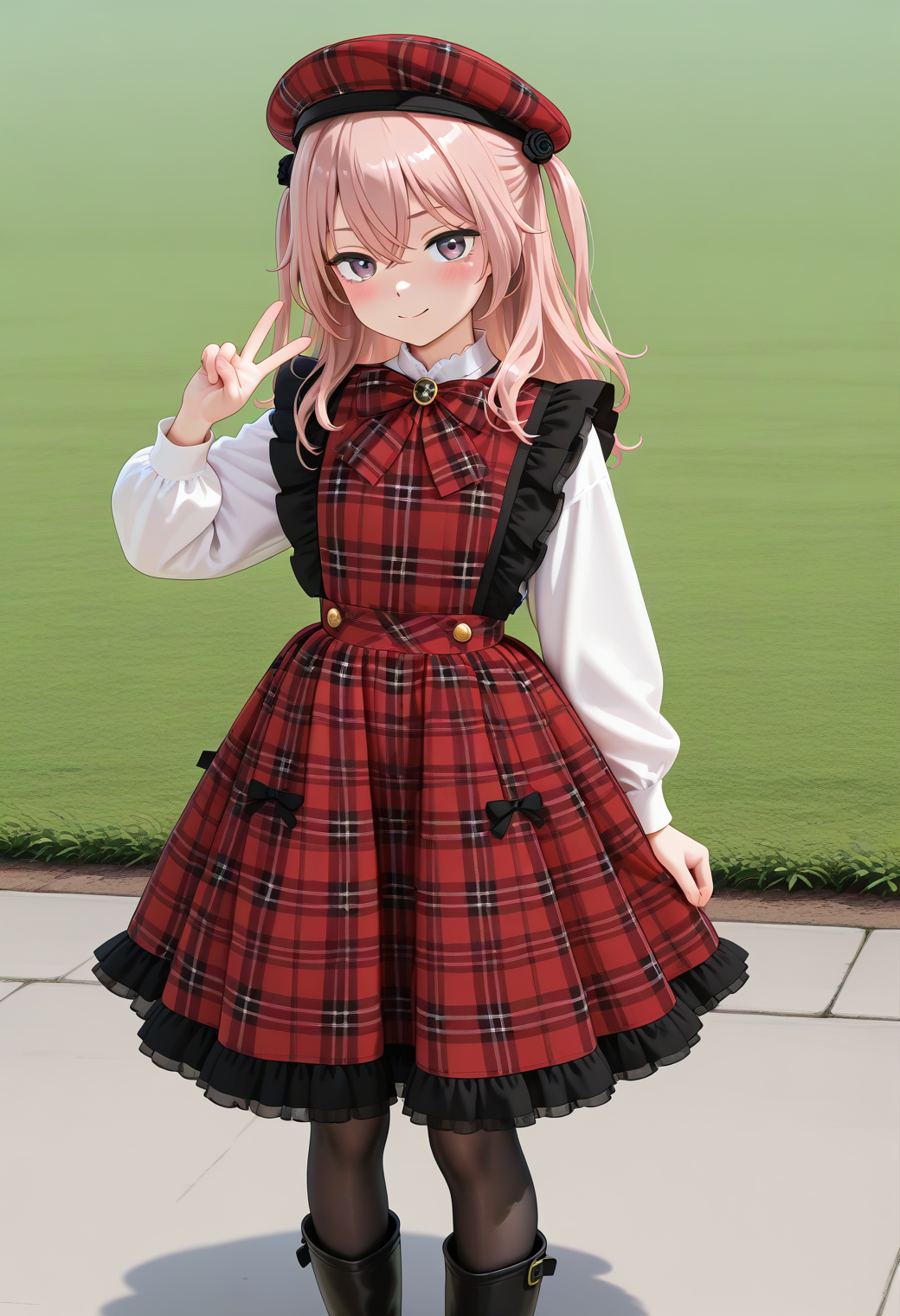 masterpiece, best quality, amazing quality, 1girl, solo, cowboy shot, standing, V, blush, smile, looking at viewer, cute pose, beautiful road flower field, <lora:Inui Sajuna illu:1>, aasajuna, pink eyes, purple eyes, pink hair, long hair, two side up, hair between eyes,bangs, hair flower, black rose, <lora:RetroPlaidCakeSkirtdressTEST:0.65>, red dress, red headwear, red bow, dress, long sleeves, frills, plaid, hat, bow, white shirt, black footwear, shirt, plaid dress, boots, plaid headwear, shoes, long skirt, frilled dress, plaid bow, polka dot, bowtie, plaid skirt, pantyhose, triple layered frills, <lora:wai-Rectified-s:1>