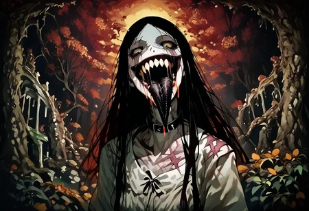 score_9, score_up_8, masterpiece, best quality, explicit, 
hasshaku-sama, mature woman, large woman, tall woman, sagging breast, enormous breast, long hair, black hair, horror (theme), collar bone, bony body, skinny, anorexic, fall season, trees, red yellow and orange leaves, falling leaves, night, garden, Expressiveh,  
 teeth, tongue, open mouth, horror, blood, (((stiches, scars))), black tongue, very long tongue, black tears, full body