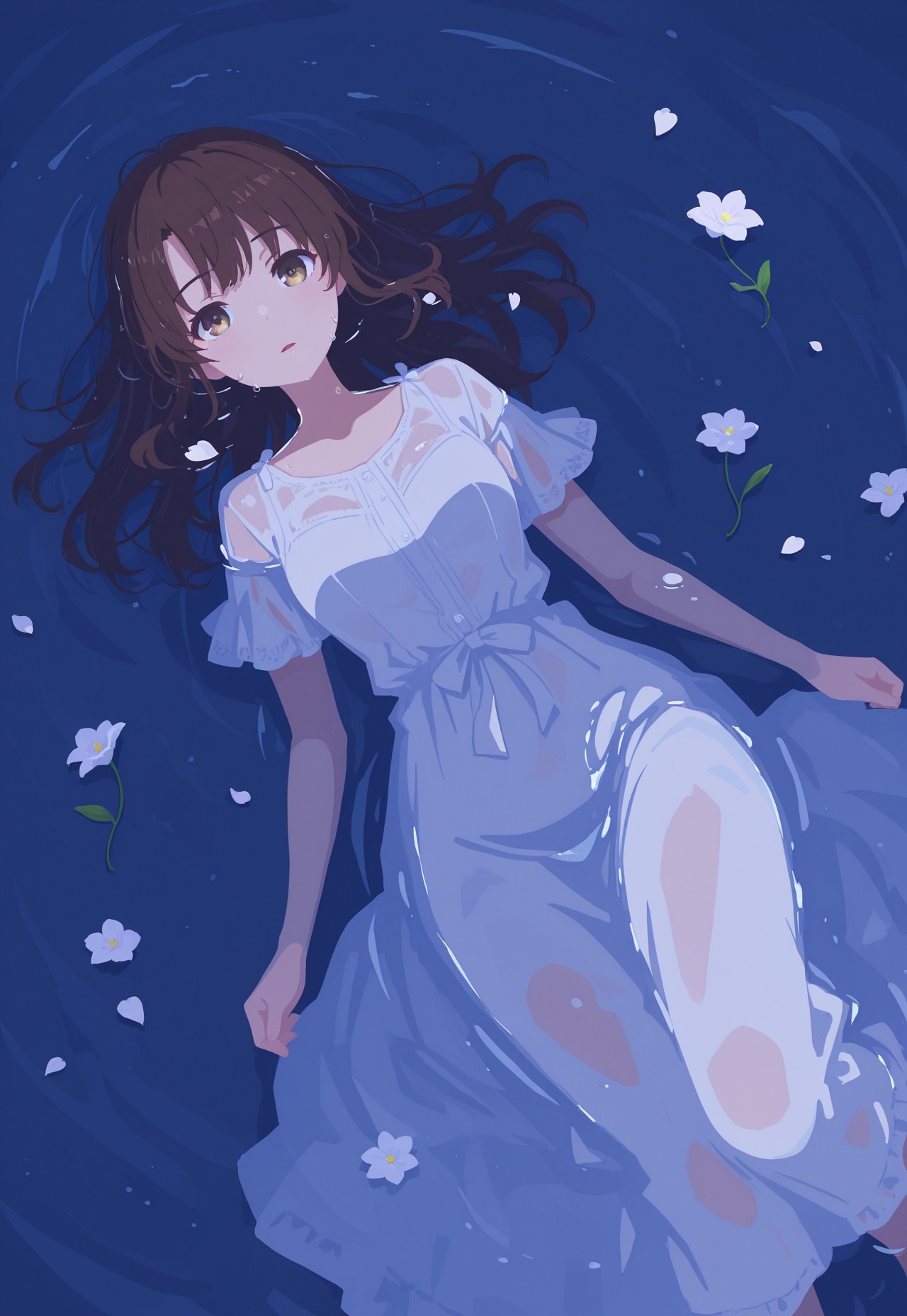 masterpiece, (best quality:1.1),ultra-detailed, high resolution, super detailed skin, beautiful detailed eyes, nsfw, Brightly Lit, 8k, sharp focus, beautiful, perfect lighting, smooth edges, parted lips,
(lying:1.5), (girl floating in the water:1.5), (to lose strength:1.2), (Submerged in water:1.3), (looking at viewer:1.5), 
1girl,Megumi <lora:IL-KatoMegumi:0.8>,brown hair,katou megumi,brown eyes, long hair, (water on skin, white long dress, wet hair, see-through), 
bright lighting, (night, water surface, in the water:1.3), (floating flower, lots of flowers, petal:2.0), (Angle from above:2.0),
(flat color, no lineart:2.0),