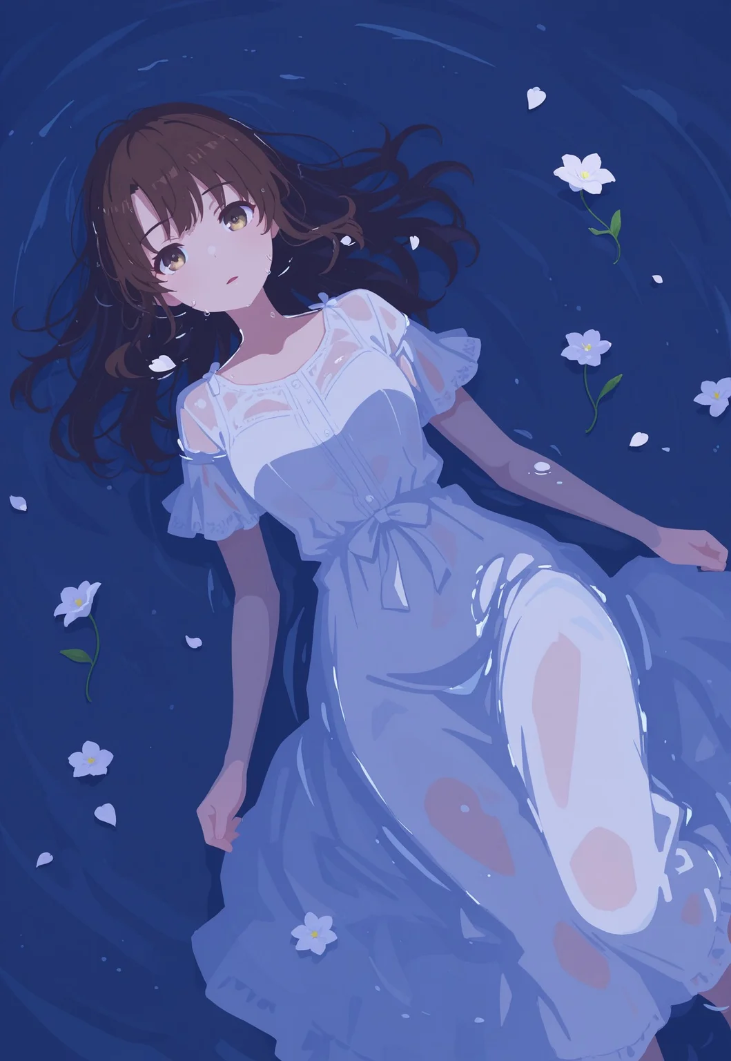 masterpiece, (best quality:1.1),ultra-detailed, high resolution, super detailed skin, beautiful detailed eyes, nsfw, Brightly Lit, 8k, sharp focus, beautiful, perfect lighting, smooth edges, parted lips,
(lying:1.5), (girl floating in the water:1.5), (to lose strength:1.2), (Submerged in water:1.3), (looking at viewer:1.5),
1girl,Megumi <lora:IL-KatoMegumi:0.8>,brown hair,katou megumi,brown eyes, long hair, (water on skin, white long dress, wet hair, see-through),
bright lighting, (night, water surface, in the water:1.3), (floating flower, lots of flowers, petal:2.0), (Angle from above:2.0),
(flat color, no lineart:2.0),