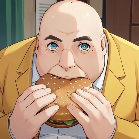 score_9, score_8_up, score_7_up, score_6_up, source_anime BREAK male focus, <lora:jermawhopper-pdxl-nvwls-v1-000005:1> jermaWhopper, eating, huge burger, looking at you, upper body <lora:p5kobayakawa-pdxl-nvwls-v1:1> p5principal, fat man, obese, bald, yellow jacket, formal, white shirt, belt, yellow pants