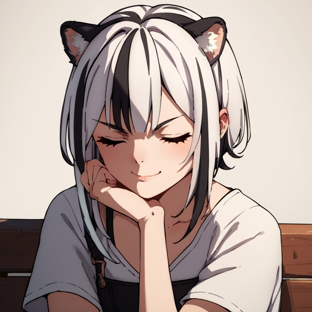 score_9, score_8_up, score_7_up, score_6_up, score_5_up, score_4_up, source_anime,  Atla, white hair, black hair, streaked hair, closed eyes, animal ears, smirk, sitting, portrait