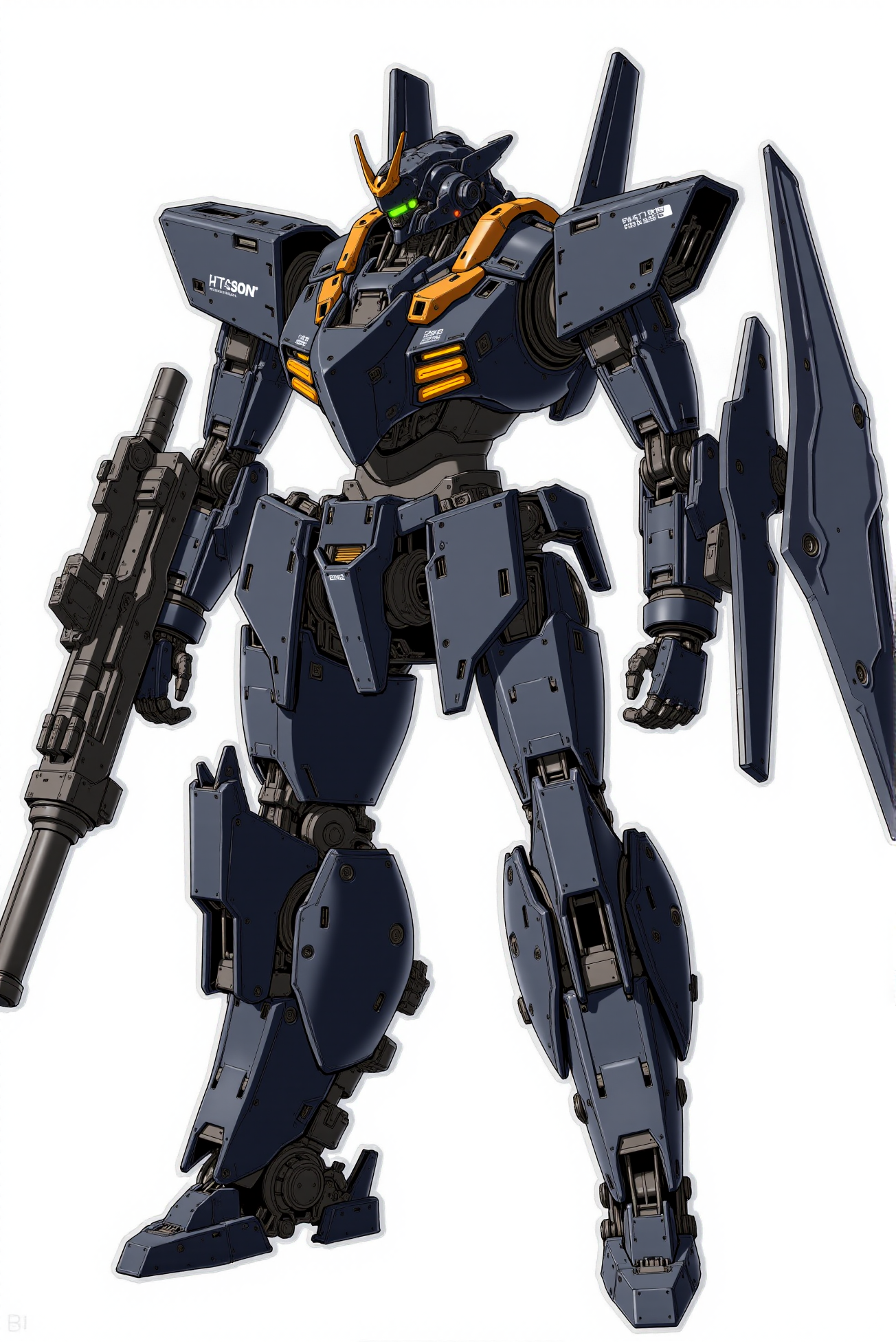 <lora:Mecha_Anime_style_v.1:0.8> A dark graphite-hued mecha with angular armor plates and segmented plating stands in a forward-heavy combat stance, wielding an enormous trident-shaped rail cannon in its right hand and a reinforced bladed shield with orange detailing in its left, both integrated with energy channels and locking mechanisms. Its helmet features pronounced forward-swept antennae and a glowing green visor, flanked by dorsal stabilizer fins and rear thruster vents. Designed with aerodynamic paneling and aggressive silhouette tapering, the entire frame emphasizes stealth and high-impact assault capability, rendered in clean cel-shaded anime style with precise, high-contrast linework and a minimal white backdrop to enhance silhouette clarity.