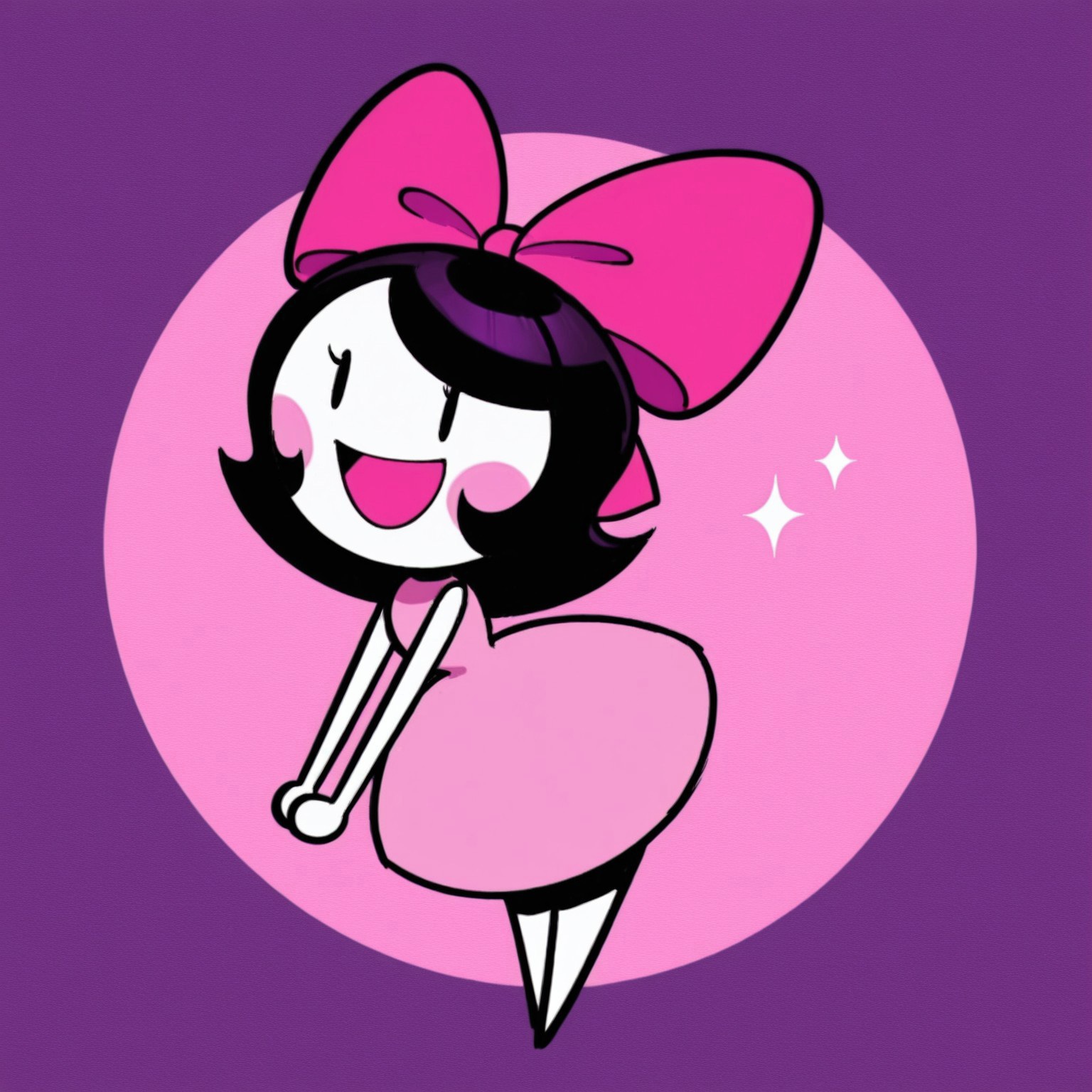 1girl, 2d, solo, Twinsomniagirl, female, short hair, black hair, pink bow on head, blush stickers, black eyes, eyelash, no sclera, pink dress, sleeveless, toon style

BREAK standing, holding hands together, open mouth smile, full body, pink abstract background

BREAK best quality, amazing quality, very aesthetic, absurdres, newest, masterpiece 