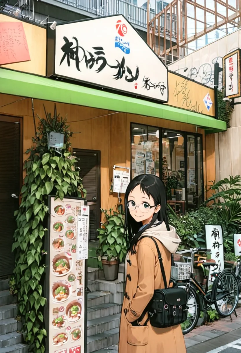 masterpiece, best quality, very aesthetic, absurdres,
1girl, solo, glasses, black hair, long hair, duffle coat, black bag, smile, looking at viewer, solo focus, standing,
dai1asahi, storefront, bicycle, scenery, plant, outdoors, building, sign, real world location, city, potted plant
<lora:daiichiasahi_storefront_SDXL_V1:1><lora:col_xl:0.6>