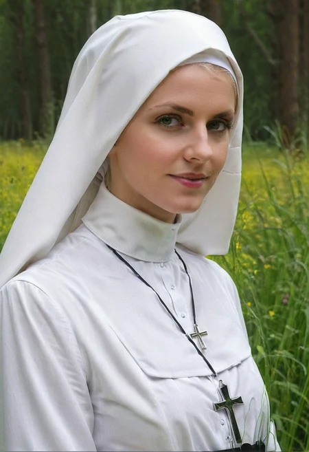 portrait, Detailed face, Woman wearing nun outfit in nature, 35 years old