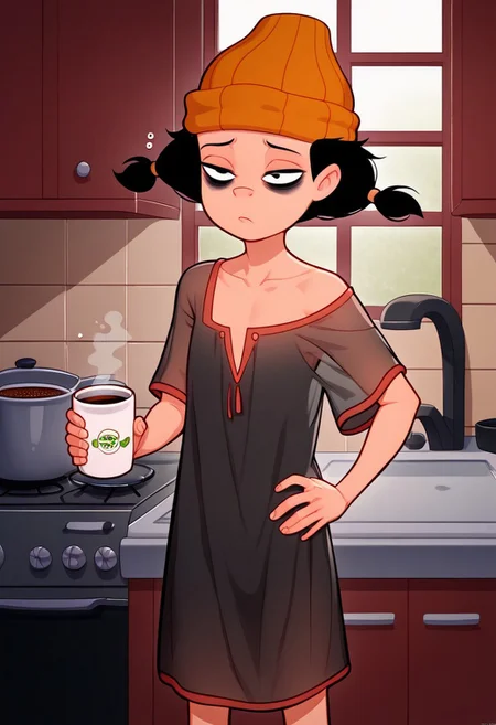 1girl, solo, orange beanie, black eyes, black hair, twin pigtails, wear only oversized nightgown,, loose clothes, holding a cup of coffee in hand, one hand on hip, sleepy eyes, bags under eyes, loose clothes, Perfect Hands, Expressiveh, no shirt, , zPDXL, flat chest,kitchen,window,
