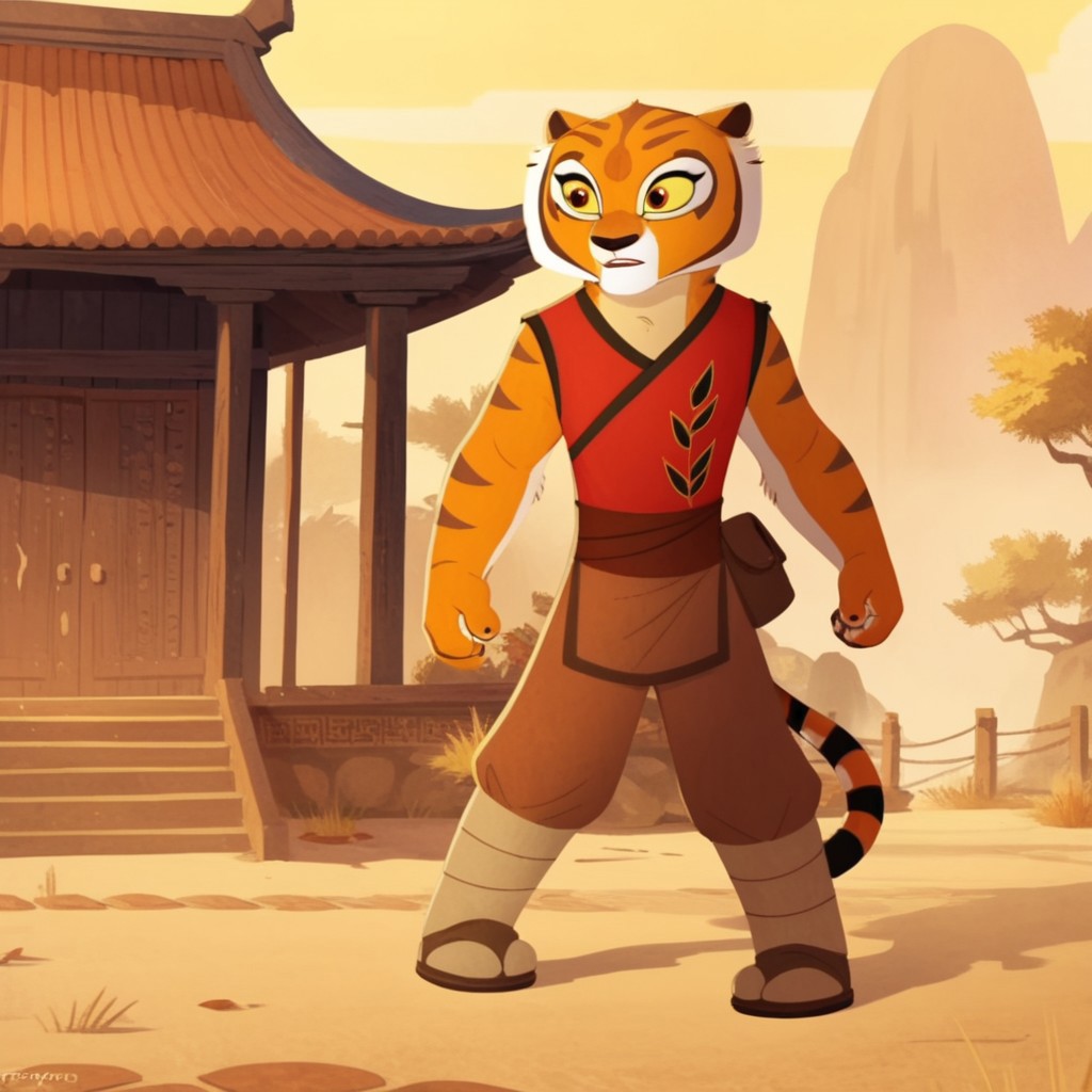 score_9, score_8_up, score_7_up, score_6_up, score_5_up, score_4_up, source_furry, tigresskfpv2, anthro, female, tiger, orange fur, amber eyes, yellow sclera, red vest, brown pants, leg wraps, sandals, outside