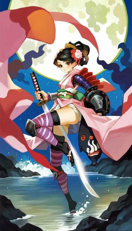 score_9,score_8_up,score_7_up,
<lora:vanillawareStyle:1>,
momohime,1girl,black hair,updo,side bangs,brown eyes,looking at viewer,momohime outfits,hair flower,black high collar,pink kimono,japanese shoulder armor,vambraces,stripe thighhighs,black socks,zoris with white ribbon,full body,holding katana,
ourdoors,night,full moon,light particles,