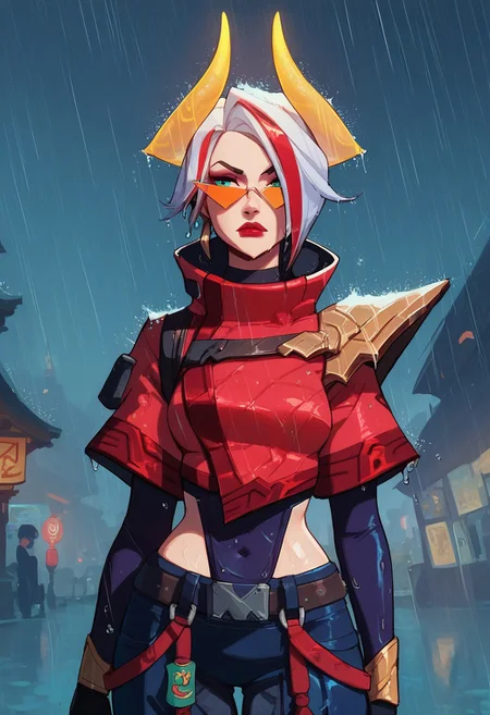 score_9, score_8_up, score_7_up, ultra detailed, 1girl, lbfiora, white hair, yellow glow horns, tinted eyewear, nigth city, cropped jacket, rain, wet, pants,
