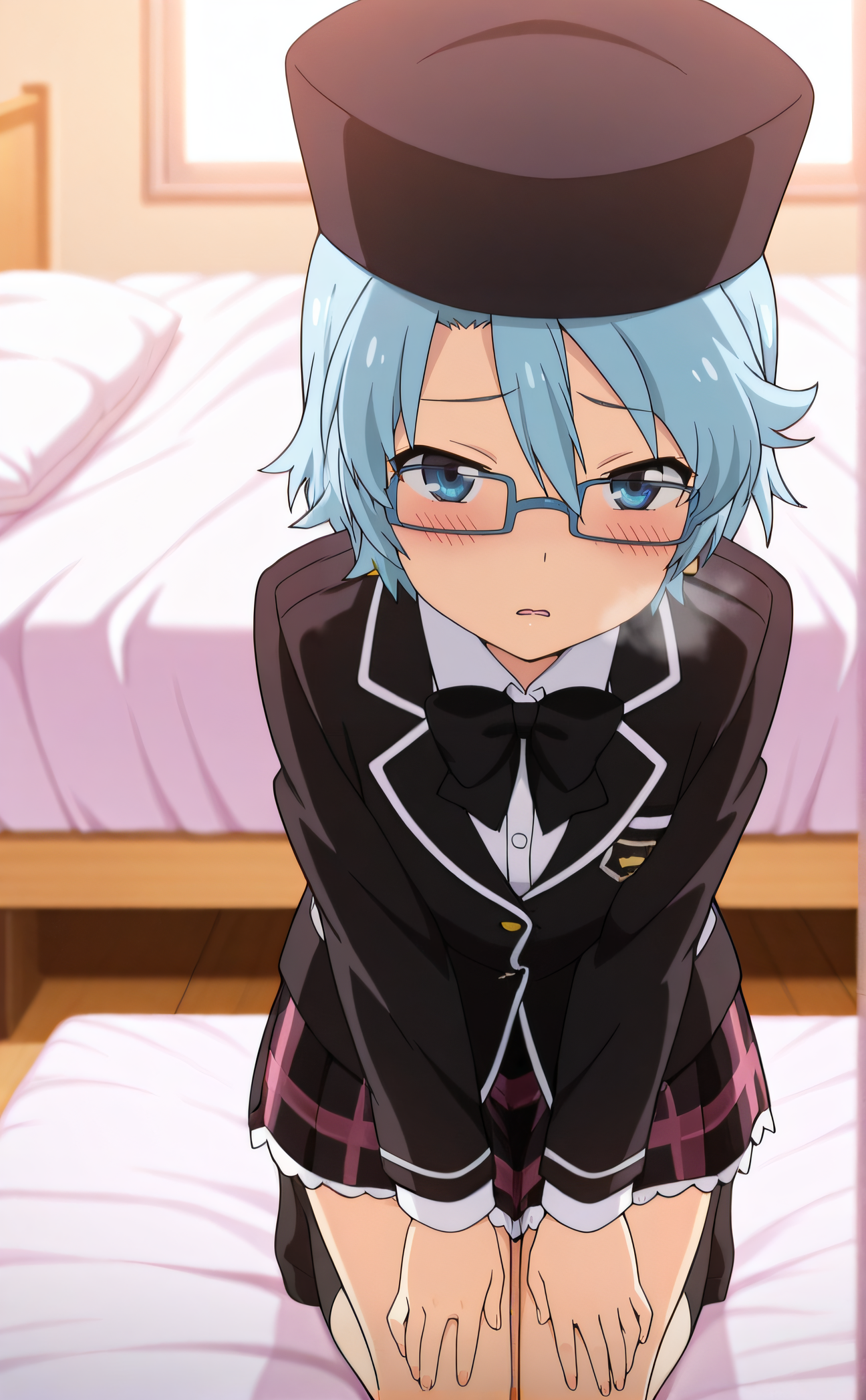 masterpiece, best quality, highres, newest, 1girl, solo, official style, anime screencap, <lora:Aoi:1>, aoi, blue hair, blue eyes, glasses, black hat, school uniform, black bowtie, black jacket, plaid skirt, kneeling, on bed, blush, sad expression, breath, full body, looking at viewer, parted lips, frontal view
