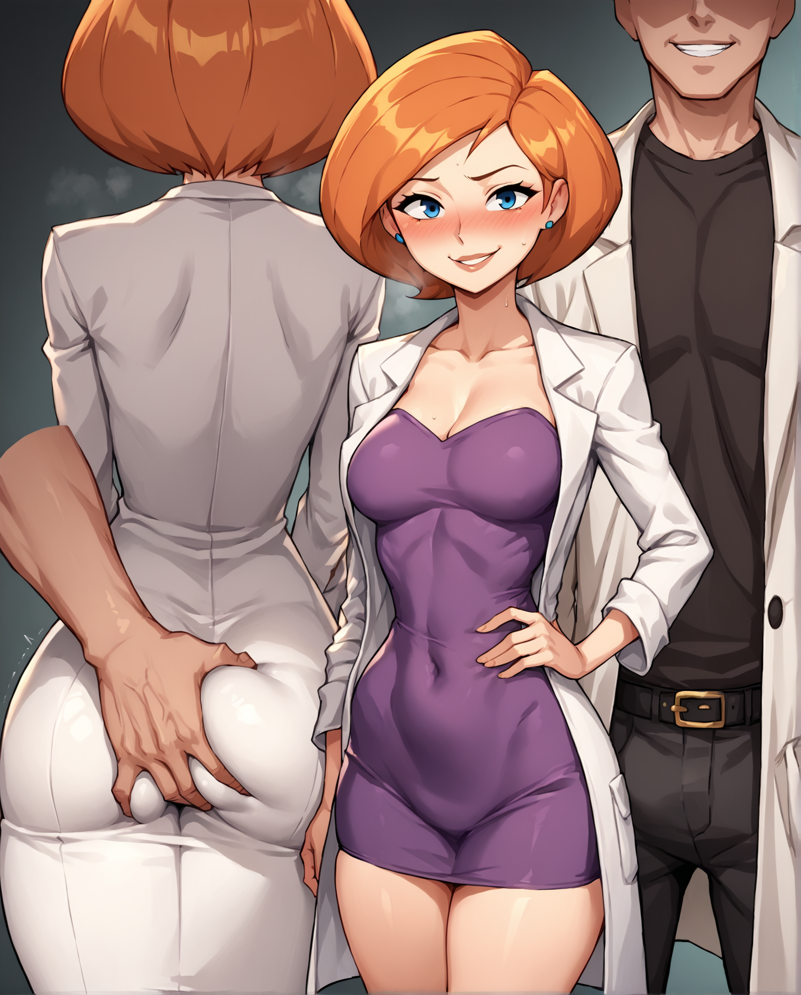 score_9, score_8_up, score_7_up, source_cartoon BREAK 1girl, ann possible, looking at viewer, orange hair, blue eyes, blush, hetero, standing, 1boy, faceless male, size difference, medium breasts, stealth ass grab, netorare, cheating (relationship), cowboy shot, lab coat, purple dress, <lora:Stealth_ass_grab__fingering:1>, short hair, close up, multiple views, smile, ass, ass grab, skindentation, male eyes out of frame, skindentation, ass grab over clothes, twitching, buldge, rating_questionable
