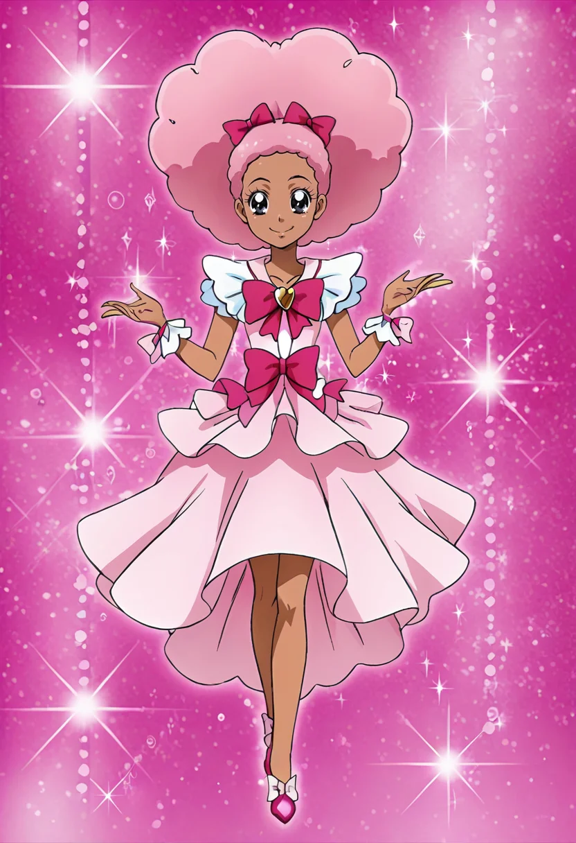 <lora:Precure:0.8> preicon, 1girl, magical girl, dark skin, dark skinned female, afro puffs, pink hair, very dark skin, pink dress, dress bow, smile, sparkle, glitter, pink background,