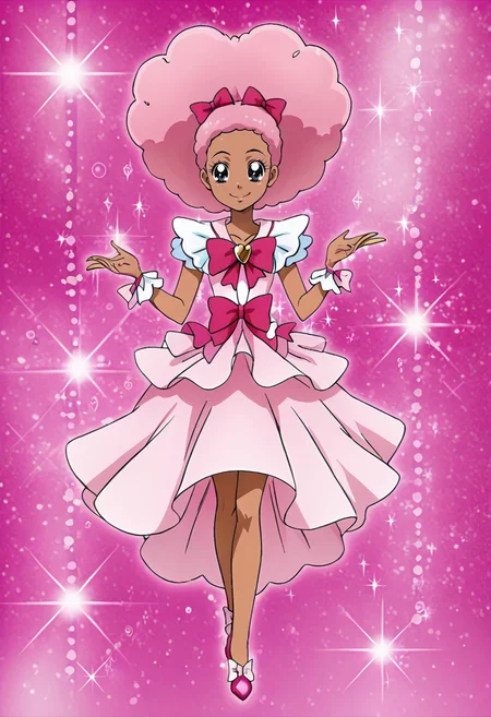 <lora:Precure:0.8> preicon, 1girl, magical girl, dark skin, dark skinned female, afro puffs, pink hair, very dark skin, pink dress, dress bow, smile, sparkle, glitter, pink background,