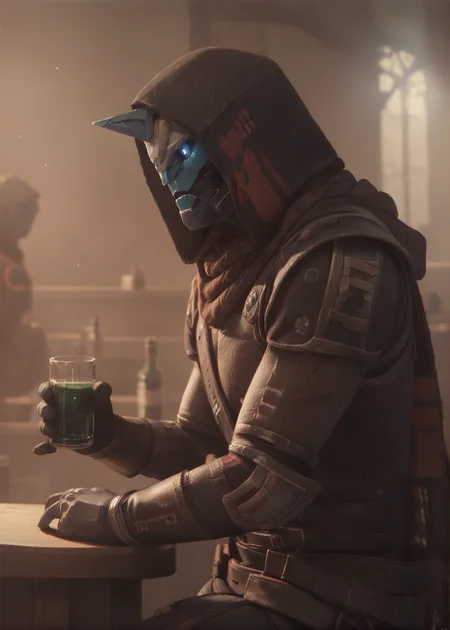 cayde, armor, colored skin, horn, glowing eyes, blue eyes, scarf, hood, full body, side view, sitting on a bar stool, bar background, detailed background, holding a glass of green whiskey, upper body, looking ahead, <lora:Cayde-6_PonyXL:0.8>, BREAK score_9, score_8_up, score_7_up, score_6_up, score_5_up,