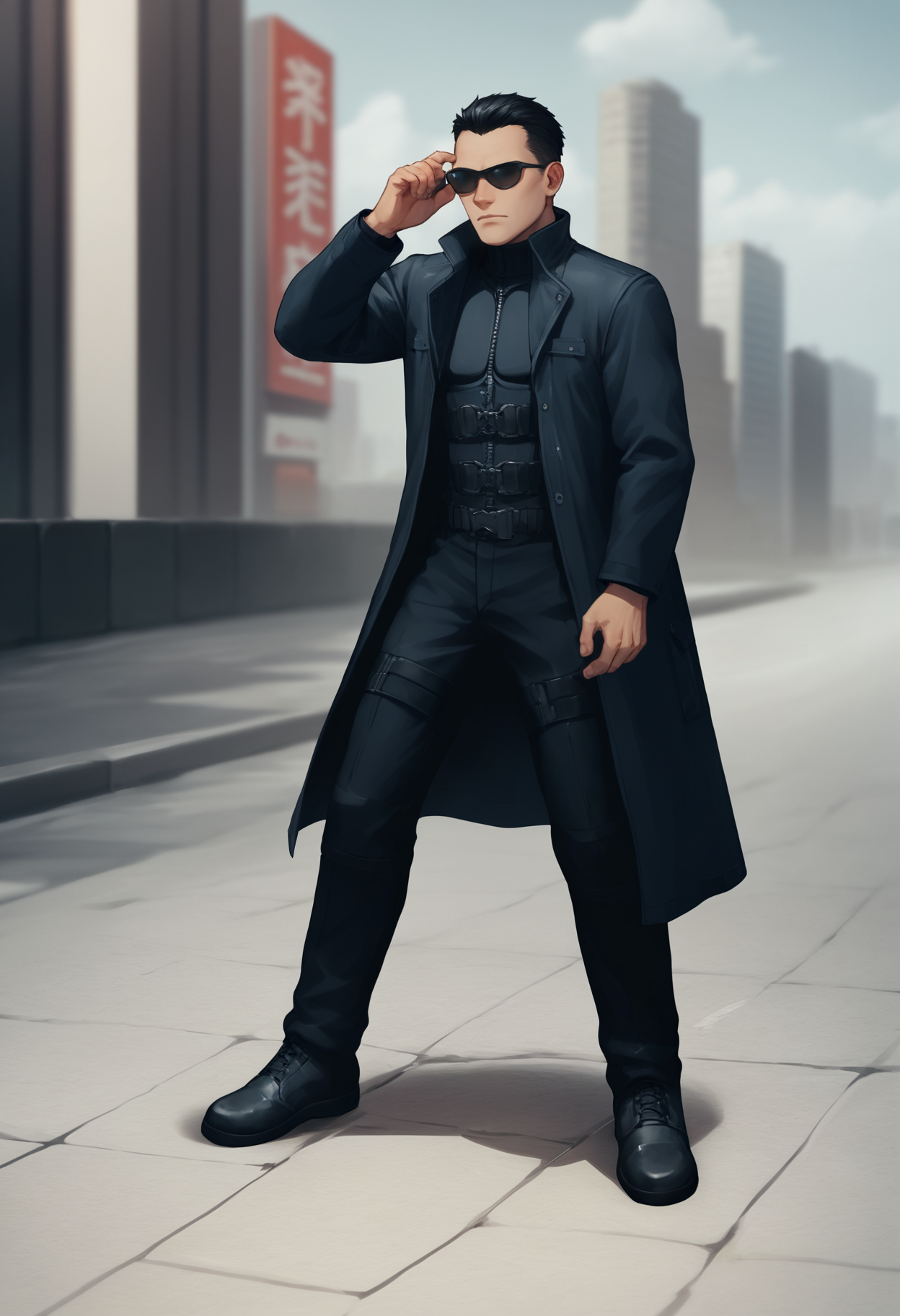 score_9, score_8_up, score_7_up, source_anime BREAK <lora:jcdenton-deusex-richy-v1_pdxl:1> 1boy, solo, male focus, standing, jde, sunglasses, black hair, short hair, black coat, trench coat, black boots, black pants