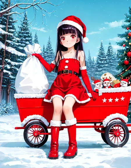 (score_9, score_8_up, score_7_up, highest score, best quality:1.2), zPDXL3, NEGATIVE_HANDS, hi-res. 8k, source_anime BREAK 1girl, flat chest, tiny tits, rory, red eyes, blunt bangs blush, happy BREAK santa_dress. strapless dress, elbow gloves, handless gloves, white belt, santa hat, fur trim santa boots, thighhigh boots BREAK sky, stars, santa sleigh, white sack, sack on ground (outdoors:1.3), sharp colors, perfect hands, perfect eyes, (detailed realistic background:1.3), (high quality:1.1), (ultra detailed:1.4), <lora:pony_good_hands:0.7>, <lora:add-detail-xl:1>, <lora:xl_more_art-full_v1:0.5>, embedding:civit_nsfw