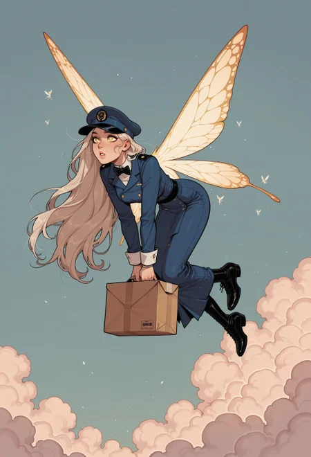 score_9, score_8_up, score_7_up, masterpiece, best quality, very aesthetic, 1girl, incoth, (incase:0.6), detailed face, (dynamic:1), stylized, illustration, platinum blonde, extremely long hair, golden eyes, detailed eyes, white pupils, fairy, wings, post uniform, postman uniform, hat, flying, carrying package, delivery service, strained, cloudy, dangling contraption 
