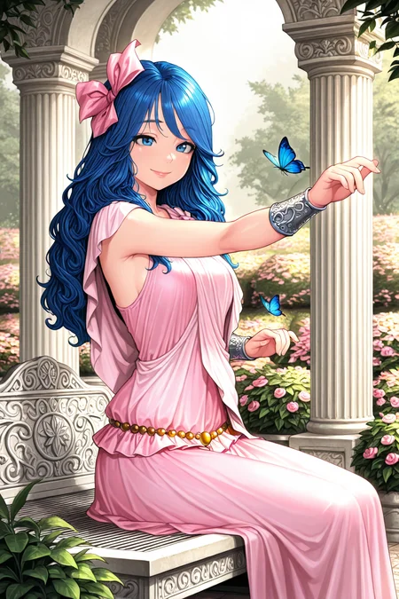 masterpiece, best quality, amazing quality, very aesthetic, absurdres, newest, GOHPIA, solo,  medium length hair, 1girl, blue hair, pink hair bow, blue eyes, silver bracers, silver neckace, gold bead belt, long pink gown, pink shawl, pink shoulder sash, sitting, greek garden, pillars, marble bench, butterflies, outstretched arm, ((cupped hand)), smile, side view, from the side, lips