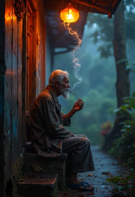 A beautiful Rainy Malaysian Country Village, an old man sits on the porch smoking a cigarette, the orange cherry of the cigarette glows bright, light and dark contrast, Vibrant Glow