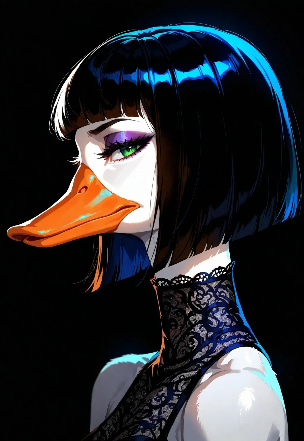 masterpiece, best quality, good quality, very awa, very aesthetic, absurdres, newest, 1duck, anthro, orange beak, goose, solo, looking_at_viewer, short_hair, closed_mouth, black_hair, multicolored_hair, blunt_bangs, two-tone_hair, from_side, emerald_eyes, eyelashes, profile, makeup, colored_skin, lace trim turtleneck, bare shoulders, half-closed_eyes, bob_cut, portrait, close-up, eyeshadow, sideways_glance, blunt_ends, porcelain_skin, dark_blood_lips