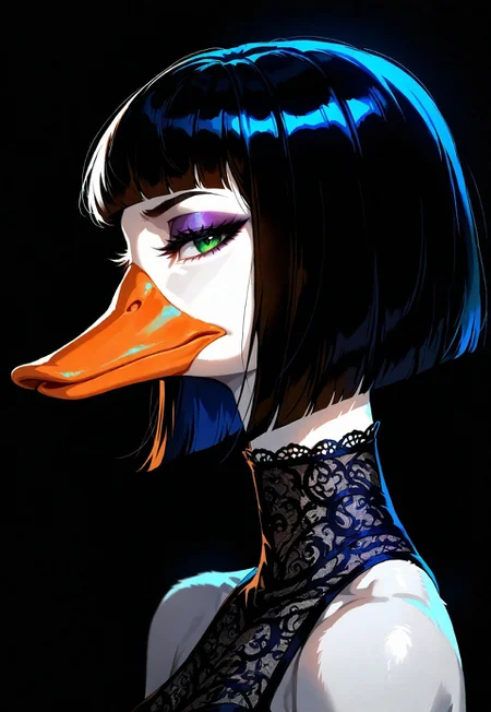 masterpiece, best quality, good quality, very awa, very aesthetic, absurdres, newest, 1duck, anthro, orange beak, goose, solo, looking_at_viewer, short_hair, closed_mouth, black_hair, multicolored_hair, blunt_bangs, two-tone_hair, from_side, emerald_eyes, eyelashes, profile, makeup, colored_skin, lace trim turtleneck, bare shoulders, half-closed_eyes, bob_cut, portrait, close-up, eyeshadow, sideways_glance, blunt_ends, porcelain_skin, dark_blood_lips 