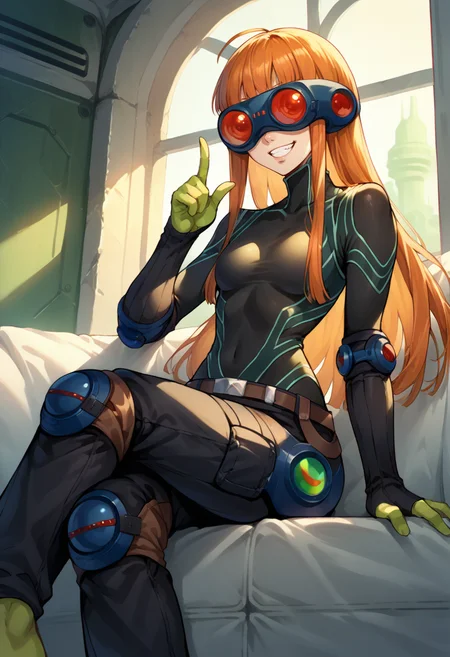 score_9, score_8_up, score_7_up, source_anime, 1girl, sitting, crossed legs, index finger raised, grin, <lora:zs_FutabaXL:1> futabaoracle, orange hair, long hair, blunt bangs, ahoge, goggles, covered eyes, black bodysuit, green gloves, black pants, belt, knee pads, indoors, ufo