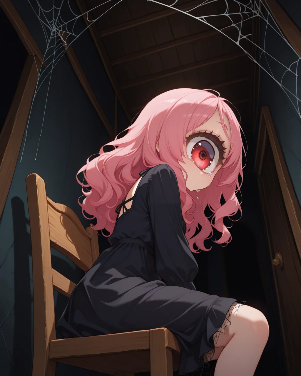 masterpiece,best quality,highres illustration,detailed face,1girl,cowboy shot,from side,from below,horror \(theme\),<lora:hugeeye_IL:1>,cyclops,wavy hair,pink hair,black dress,sitting,tears,wooden chair,spider web,dark room,