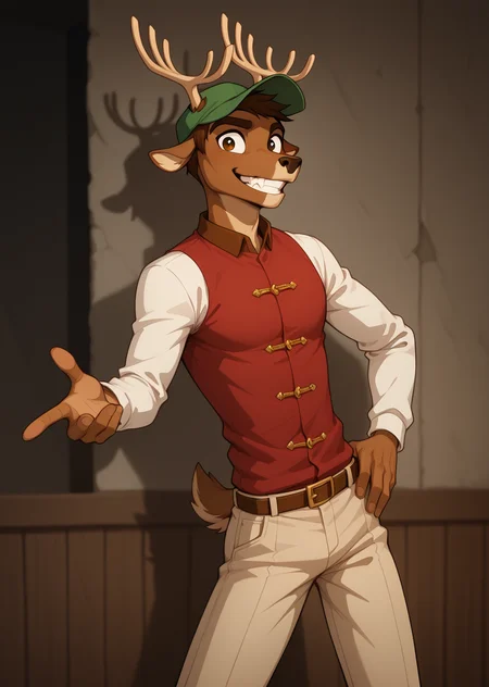 Woods, 1boy,smile,hat,male focus,teeth,pants,hand on hip,furry,antlers,
,<lora:Dreamkeepers_Bill_Woods_Tinsel_Ms.Muliebral_characters_Illustrious:0.8>,