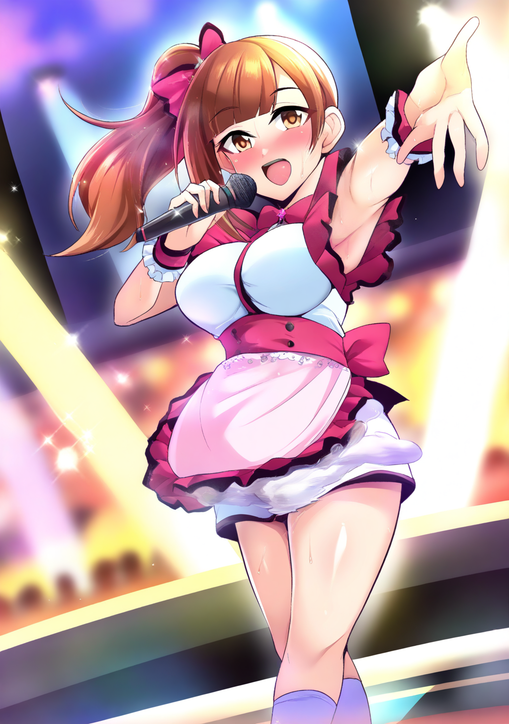 masterpiece, best quality, absurdres, perfect lighting,shiny skin,<lora:nishida_megane:0.7>,nishida megane,1girl,igarashi kyoko,brown hair, side ponytail,brown eyes, <lora:igarashi_kyoko:1>, microphone, omelet,frills,wrist cuffs, apron,hair bow,singing, audience, on_stage,lighting,sparkle,sweat,blush,happy,reaching towards viewer,