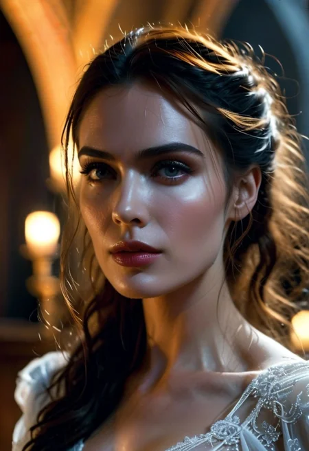 healthy woman ((#8fb899 skin)) age 25 attractive, from below , Bride of Frankenstein as supermodel with stitches, tall, fit_body, long_legs, teardrop_boobs, sheer dress ((#e2f1e5)), big auburn hair with white streak on side, gothic castle interior with huge windows, amber eyes, best quality, (gothic night background), detailed hair, detailed eyes, rim lighting, light shadows, ziprealism, hayl3y-001, score_9, score_8_up, score_8,