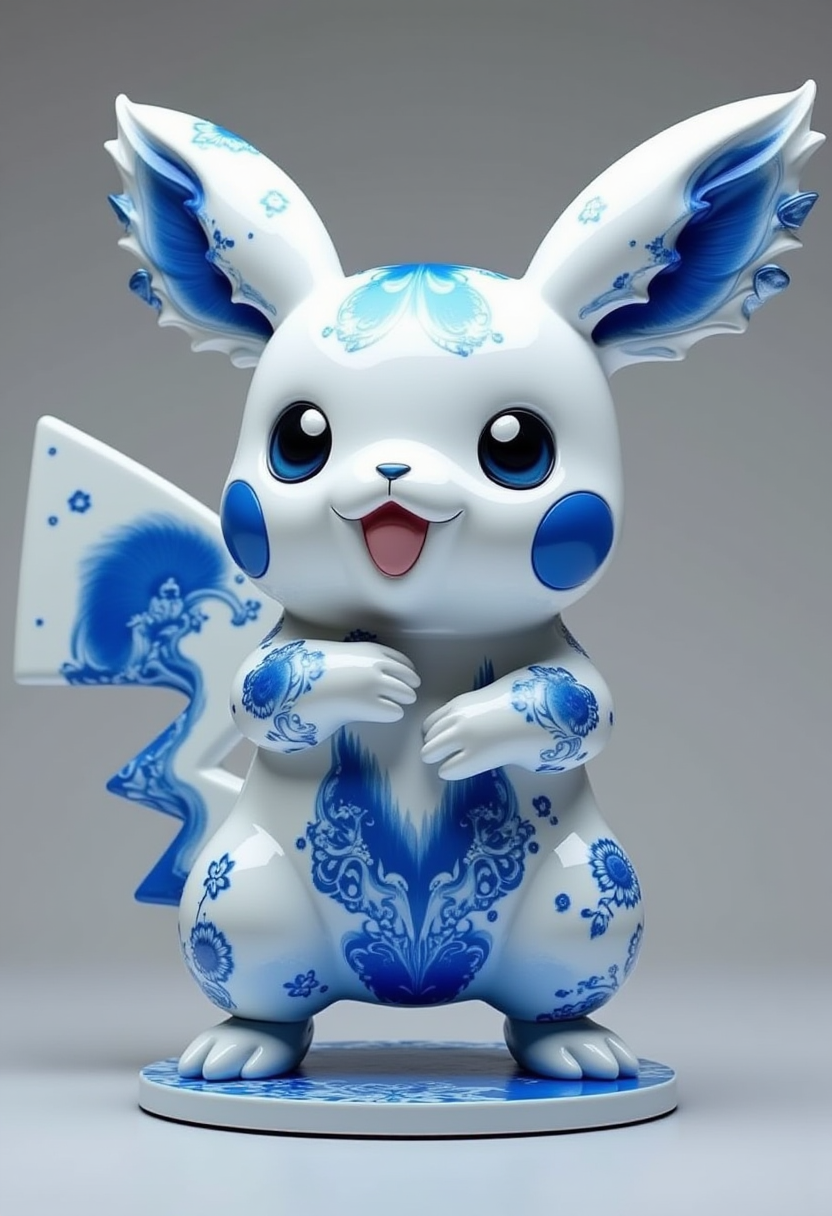 professional photo of pikachu statue with blue and white made by 8trang style 