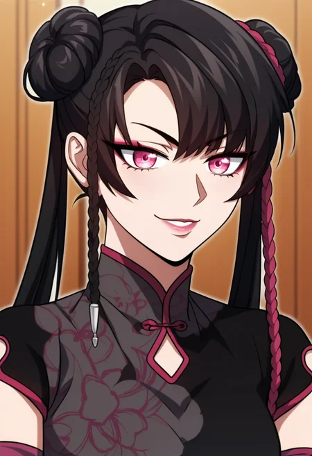 score_9, score_8_up, score_7_up, source_anime,anime screencap, anime coloring,intricate details,rating_explicit, masterpiece, best quality,
(best quality, absurd res, ultra detailed),1girl, ((solo)), good eyes,perfect eyes,,detailed eyes, zPDXLxxx , zPDXL3,detailed, detailed face, <lora:add-detail-xl:3>,
BREAK
<lora:Tian_Suyan:0.8>, TS, 1girl, pink eyes, black hair, double bun, hair bun, twintails, braid, elbow gloves, dress, chinese clothes, china dress, upper body,smirk,,